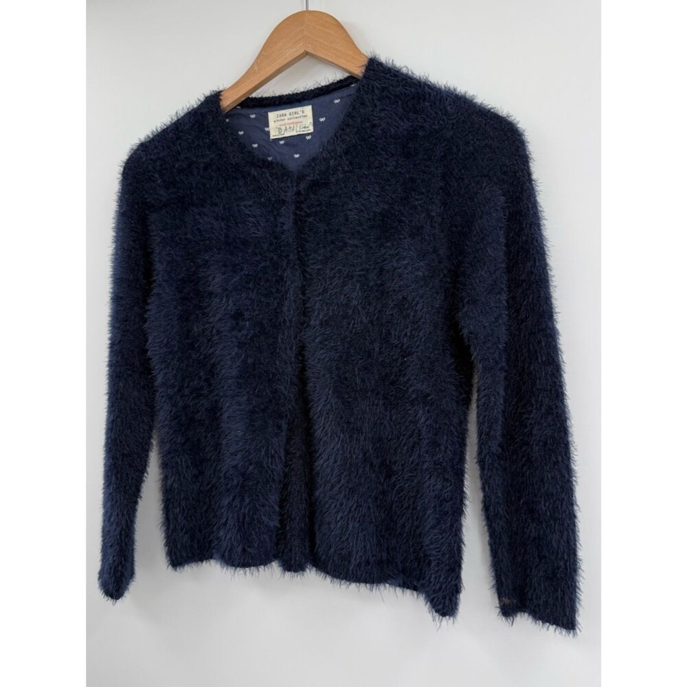 Zara Girl's Fuzzy Knit Snap Front Cardigan | Navy | 9-10Y